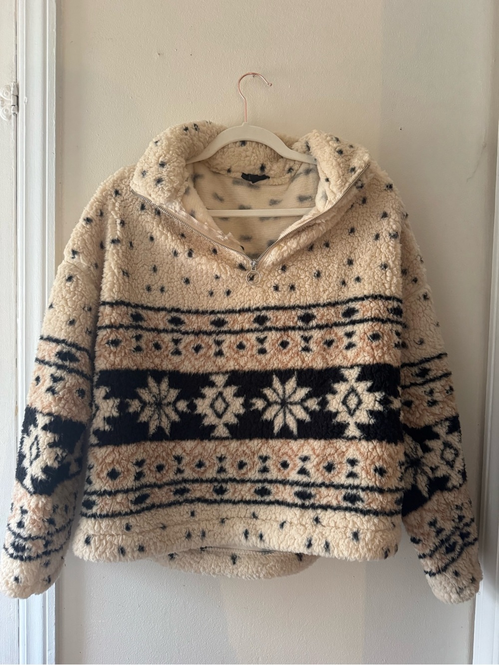Cozy Cream Fair Isle Sherpa Half-Zip Pullover
